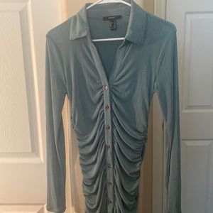 Forever 21 Ruched Teal Button Up Dress | Medium